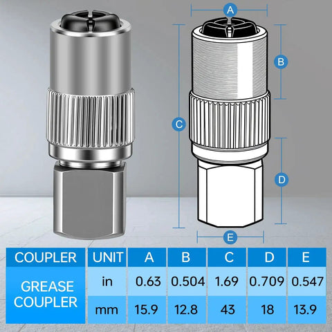 Heavy Duty 4 Jaw Quick Release Grease Gun Coupler With Secure Lock For 12,000 PSI High Pressure Jobs, dimensions shown.