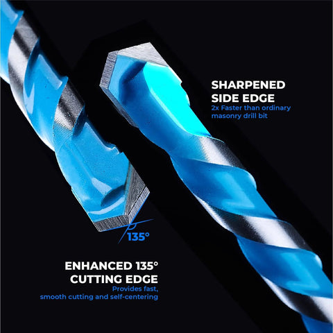 Close-up of 3/8 Inch Masonry Drill Bit Set With Shockproof Hex Shank For Hammer Drills showing sharpened edge and cutting angle.