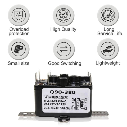 Beefy Enclosed General Purpose Fan Relay Replacement For Emerson 90-380 24V coil shown with features like overload protection and high quality.