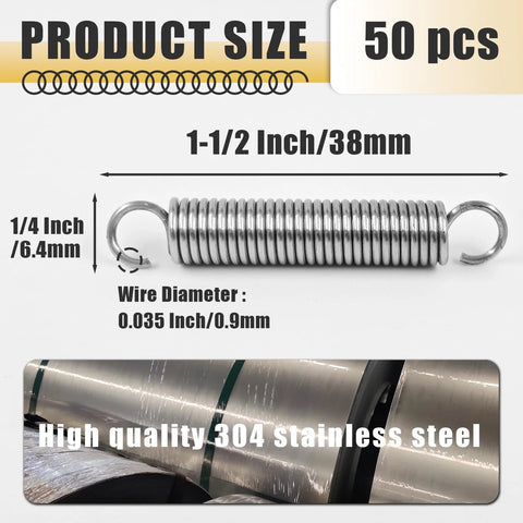 Extension springs with hooks, 50 pcs, 304 stainless steel; 1-1/2 in length, 1/4 in outer diameter, 0.035 in wire