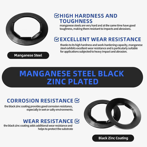 Five Eighth Inch Wheel Lock Washer Set 14 Pcs, manganese steel, black zinc plating, corrosion and wear resistant features