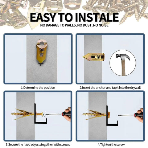 Installation steps for Drywall Self-Drilling Anchors And Screws Kit, 100 Pieces Including 50 Sheetrock Anchors (0.47x1.18 Inch) And 50 Zinc Screws, No Drilling Required.