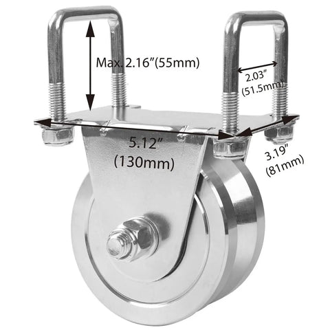 Heavy Duty 4 In Slide Gate Wheel With V Groove Dual Bearings, Bolted External Mount Bracket Cradle Solid Steel Roller