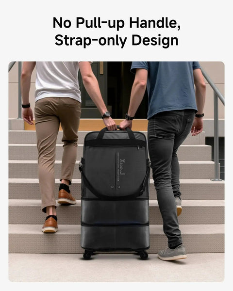 Two people carrying an Expandable Rolling Duffel Bag With Spinner Wheels Lightweight Collapsible Luggage 55L-113L Capacity on stairs.