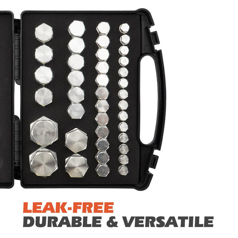 SPARKWHIZ 80pc JIC 37° flare cap and plug kit in a black case with silver hex caps and plugs