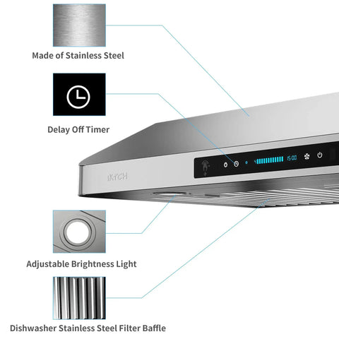 42 Inch Under Cabinet Range Hood With 900 CFM Dual Motors, Four Speed Gesture Sensing And Touch Control, stainless steel details