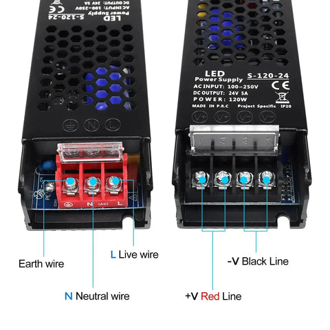24V 5A 120W Universal Regulated Switching Power Supply With 100 To 250V AC Input And 24V DC Output LED Driver terminals view