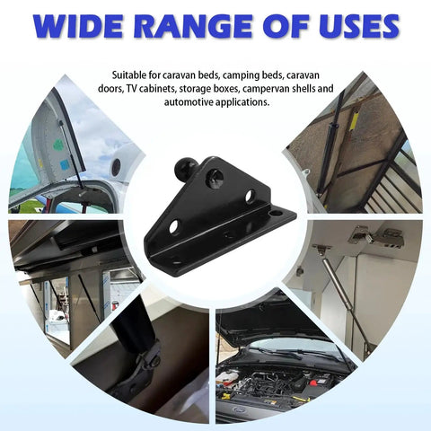 4 Pieces 10mm Ball Stud Mounting Brackets For Heavy Duty Gas Struts Lift Supports Angled And Flat Mounts Kit With 16 Screws Durable Gas Spring Mounting Bracket Set For Autos RVs Cabinets Machinery And Industrial Projects displayed with various installation applications