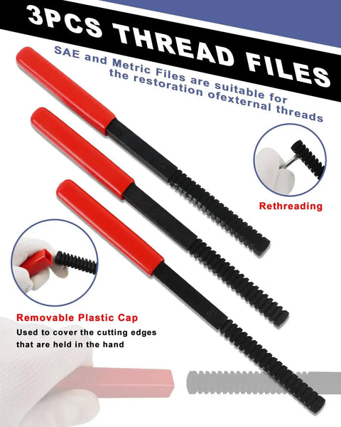 3 piece thread files with removable plastic caps for SAE and Metric thread restoration, part of 61 Piece All In One Pro Grade Thread Repair Kit With Thread Restorer Tool Set UNC UNF And Metric Chasers, Pitch Gauge, Dies, Taps And Thread Files For Repairing Damaged Bolts, Screws, And Nuts In Automotive, Machinery And Home Shops