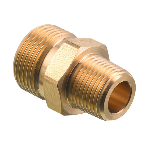 Brass pressure washer adapter with 3/8 in NPT male and M22 14mm male threads, hex body.
