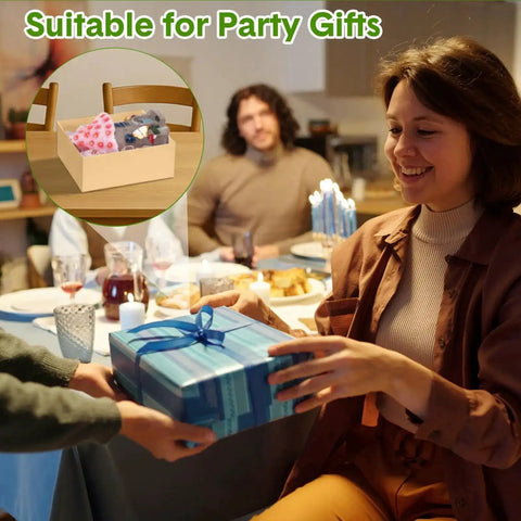 Woman receiving a blue gift box at a dinner party, with an inset showing a box of assorted colorful socks labeled 'Suitable for Party Gifts'.