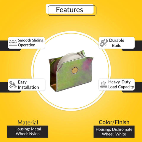 Sliding Window Roller With Nylon Wheel And White Finish, Durable Metal Housing With Dichromate Finish, front view