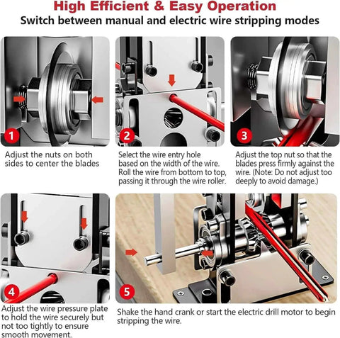 Manual Wire Stripping Machine For Copper Wire 0.06 To 1 Inch Gauge, showing instructions for setup and operation of hand crank and drill modes