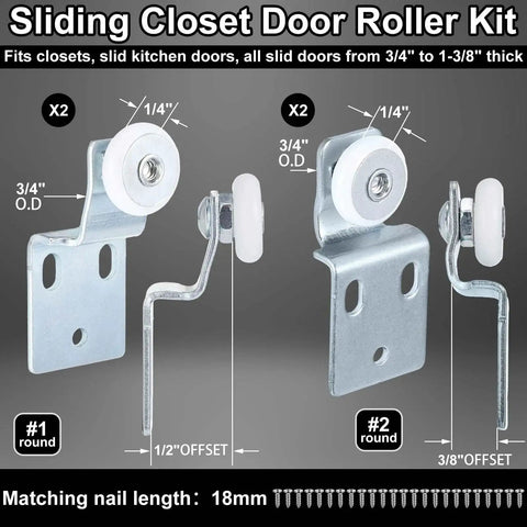 Front view of sliding closet door roller kit showing two sets of rollers with mounting brackets for top hung bypass doors.