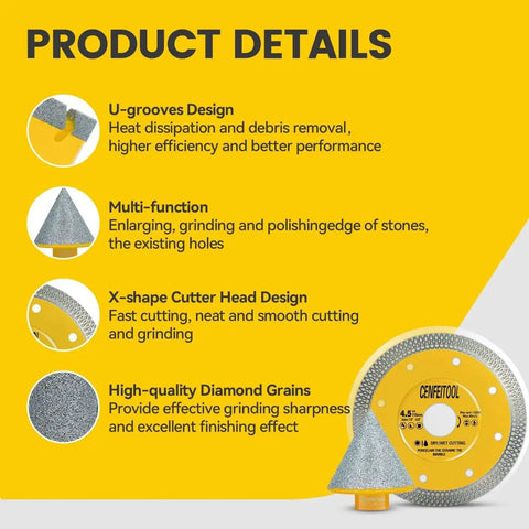 Product details showing features of Pro Grade 15 Piece Diamond Tile Hole Saw Kit With 5 By 8 By 11 Thread Includes Saws From 6mm To 100mm