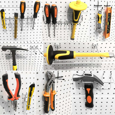 Assorted tools including screwdrivers, pliers, and hammers on a pegboard display; not related to ☦️ 278-Pack Utility Cart Steel Frame product.