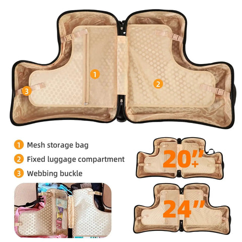 Open interior of Kids Ride On Suitcase With Wheels For Travel For Toddlers And Children Ages Two To Fifteen showing compartments.