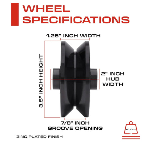 Side view of 3.5 Inch V Groove Wheel Inverted V Shape with specifications for sliding gates, black steel, zinc plated, 1.25 inch width.