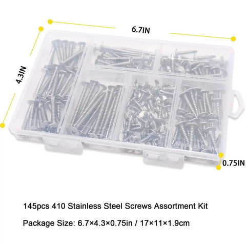Heavy Duty Sheet Metal Screws Assortment Kit With Self Tapping And Self Drilling, 410 Stainless Steel Fasteners in organizing box