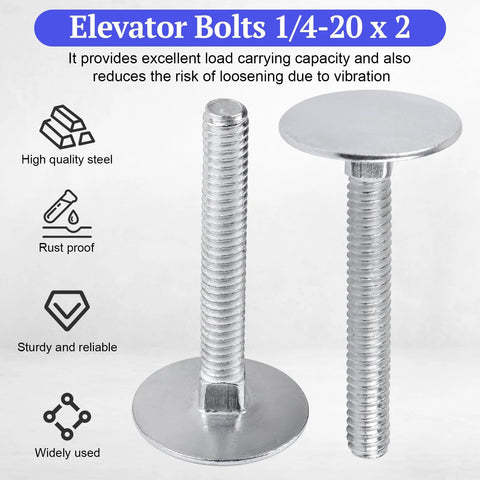Two zinc-plated 1/4-20 x 2 elevator bolts with flat heads for roll-up doors and garage hardware