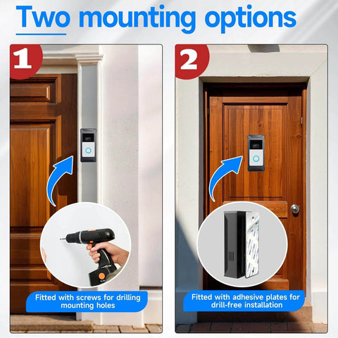 Anti Theft Video Doorbell Mount With Adjustable Angle For Ring And Blink Wireless Doorbells No Drill Battery Doorbell Bracket for installation showing two mounting options on wooden doors.