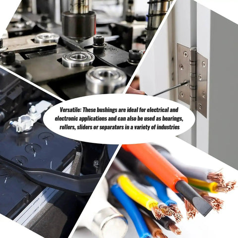 Collage of aluminum spacers used in machinery, hinge installation, and electronic wiring applications.