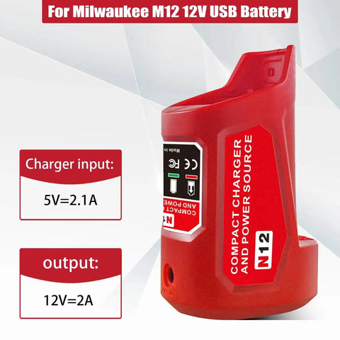 Red M12 USB Power Source Charger Adapter For 12V Battery Type C Input 2.1A USB Port And 12V DC Outlet, side view