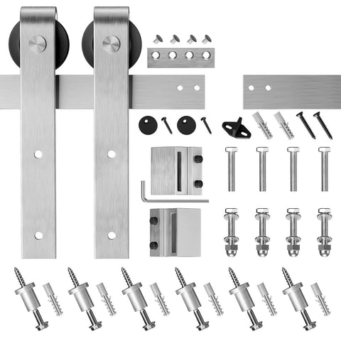 8 Feet Brushed Nickel Barn Door Hardware Kit For 42 To 48 Inch Wide Panels Heavy Duty Sliding Track displayed with mounting hardware