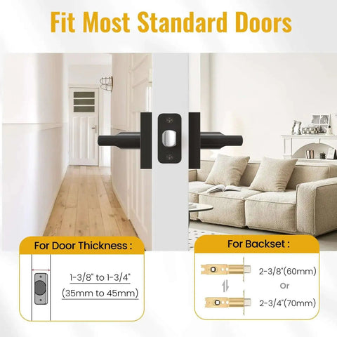 Matte Black Interior Door Lever With Square Plate, Reversible Left Or Right Handing, fits standard doors, easy install diagram