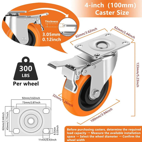 Illustration of 4 Inch Heavy Duty Caster Wheels Set Of 4 With Dual Pedal Locking Brakes, dimensions and weight capacity shown