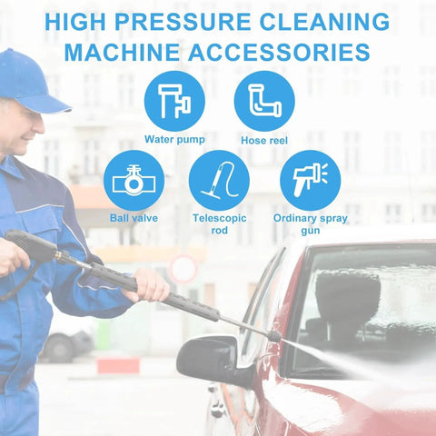 Man using high pressure cleaning machine with accessories icons, including water pump, hose reel, ball valve, telescopic rod, spray gun.