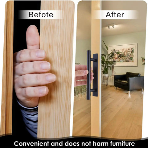 Before and after of Self Adhesive Cabinet Handles Eight Pack ABS Plastic Drawer Pulls Stick On Cabinet Door Handles in black.