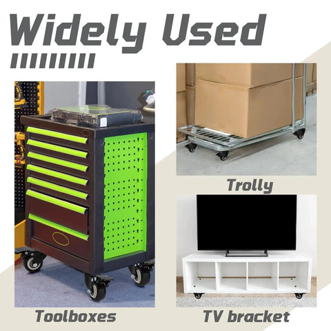 Dual Locking Casters Set Of Four Heavy Duty 330 Lbs Capacity With Five Sixteenth Inch Stem Diameter And One Inch Stem Length 360 Degree Swivel Wheels For Furniture Wire Shelving And Carts Secure Locking Mechanism Fits Standard American Sizing shown on toolboxes, trolly, and TV bracket