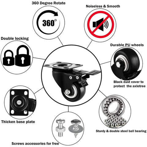 Heavy Duty 1.5 Inch Caster Wheels Set Of 12 With Polyurethane Silent Rolling Wheels Dual Locking Brakes and bearings 360 swivel features