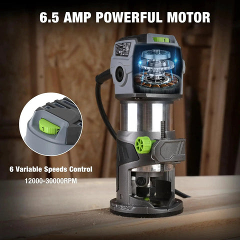 Compact Router Kit With 6.5 Amp Corded Hand Trimmer For Woodworking, Six Variable Speeds from 12,000 to 30,000 RPM