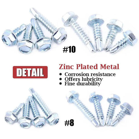 Zinc Plated Hex Washer Head Self Drilling Sheet Metal Screws Assortment Kit with sizes #8 and #10 shown, highlighting resistance and durability