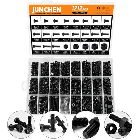 1212 Piece Black Nylon Pan Head Phillips Screws Bolts Nuts Assortment For Microcontroller Board Projects Insulate Or Fasten PCB Boards M2 M3 M4 M5 M6 Metric Threaded Screws And Nuts Set