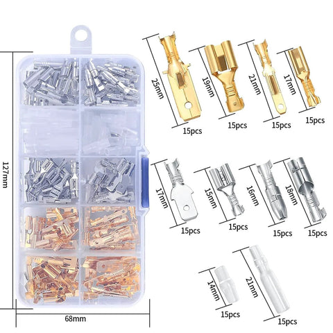 150 Piece Quick Splice Spade Connectors Kit With Insulated Nylon Sleeves For Two Point Eight Four Point Eight And Six Point Three Millimeter Male And Female Crimp Terminals For Car Audio Wiring, showing compartments with assorted sizes and materials.
