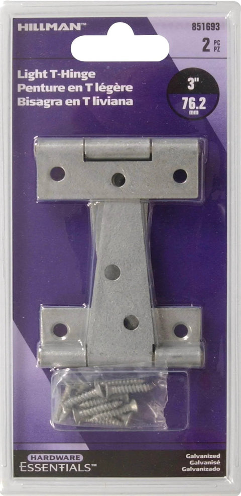 Package of Galvanized Light T Hinges 3 Inch Two Pack for barn doors, sheds, storage boxes with screws and mounting instructions.