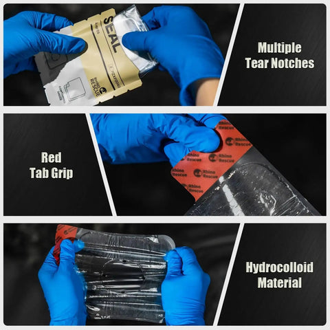 Vented Chest Seal For Penetrating Chest Wounds With 4 Vents Rhino Rescue shown in detail with tear notches and red tab grip.