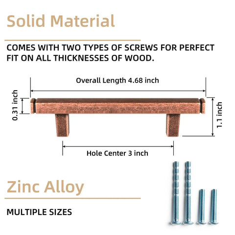 Six Pack 3 Inch Hole Center Antique Copper Zinc Alloy Cabinet Pulls side view, length dimensions, and screws shown
