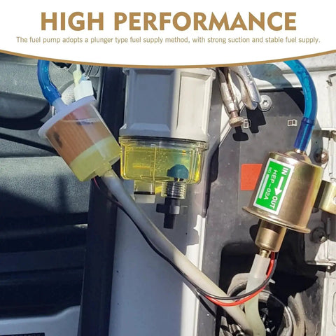12V Heavy Duty Plunger Fuel Pump for Low Pressure Delivery, 3 to 5 PSI, installed in a vehicle engine with fuel lines connected