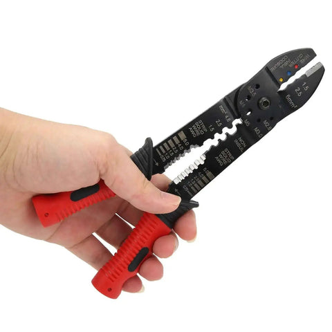 Hand holding Beefy Heavy Duty Multi Function Terminal Crimping And Wire Stripper Pliers With Carbon Steel Blades, front view