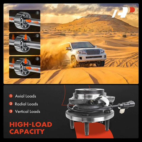 Front Wheel Bearing And Hub Assembly With ABS For Ford Ranger 2009-2011 And Mazda B4000 2003-2010 Four Wheel Drive Only 5 Lug Design High Load Roller Bearing For Smooth Ride And Easy Installation with illustrations of axial, radial, and vertical load distributions and a truck in desert terrain.
