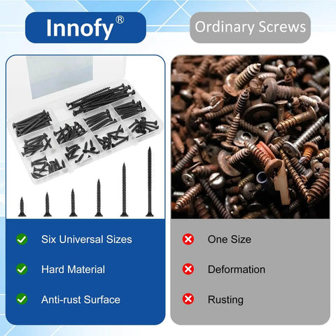 Comparison image of a 108-piece Pro Grade Drywall Screws Assortment Kit with six sizes and ordinary screws highlighting advantages.