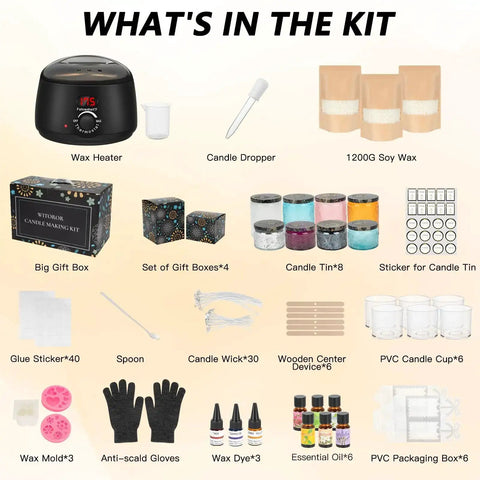 Complete DIY Candle Making Kit With Digital Soy Wax Melt Warmer, Jars, Wicks, Dyes, Essential Oils, Molds, Gloves, Spoon, Gift Box