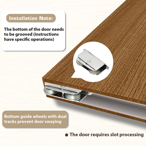 Concealed Sliding Barn Door Hardware Kit With Soft Close For 24 To 28 Inch Passage Openings detail view of guide wheels on wooden panel