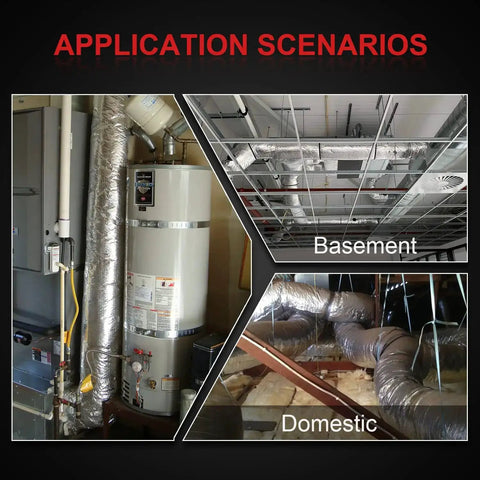 Collage of application scenarios for 12 Inch Insulated Flexible Duct For HVAC Ducting And Exhaust in basement and domestic settings.