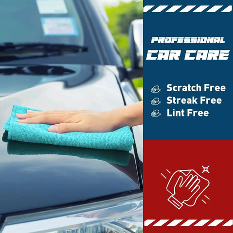 Person using Bulk 400 Pack Microfiber Towels for Cars and Home 12x12 Inches Assorted Colors on car hood, showing scratch-free cleaning.