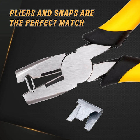 Close-up of yellow-handled pliers holding a clip for Wire Cage Clips With Hog Ring Pliers For Bird Quail Rabbit Chicken Coops Snap Ring Fencing Clips Kit Easy To Use Fence Fasteners Includes 1200 Pieces And Pliers No Fuss Setup Durable Steel Cage Hardware For Secure Enclosures.